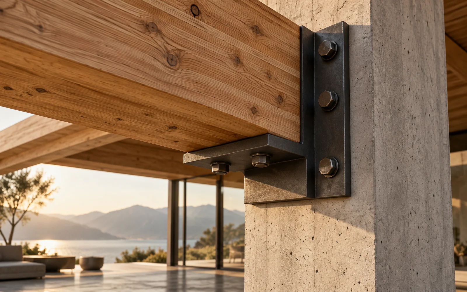 Concept detail joining a timber beam, steel bracket and concrete support