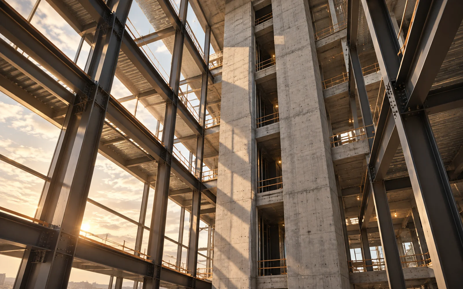 Concept view of a concrete core surrounded by steel beams