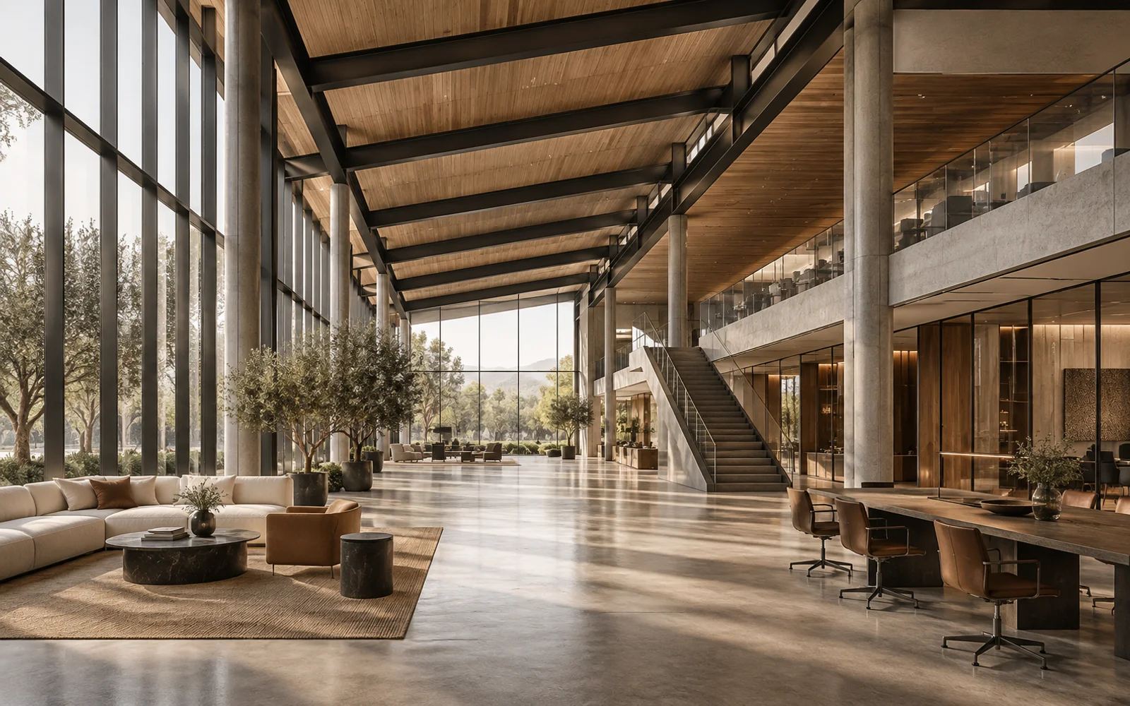 Concept office atrium with long-span steel beams and a timber ceiling