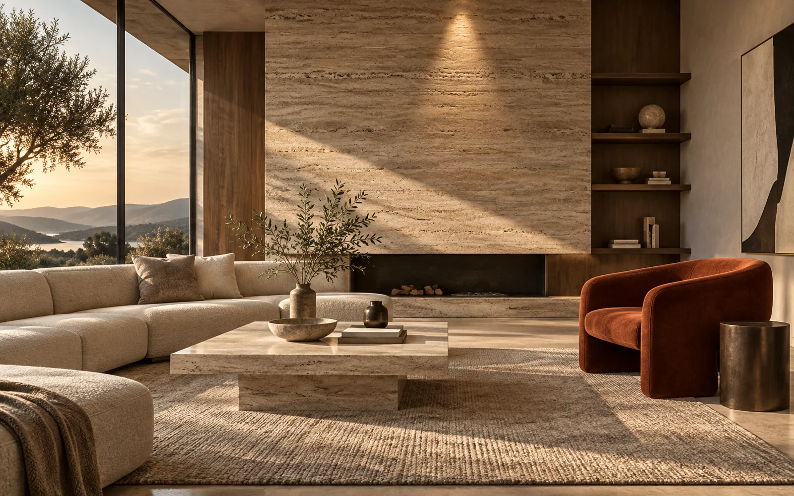 Concept neutral interior with a rust-coloured accent chair