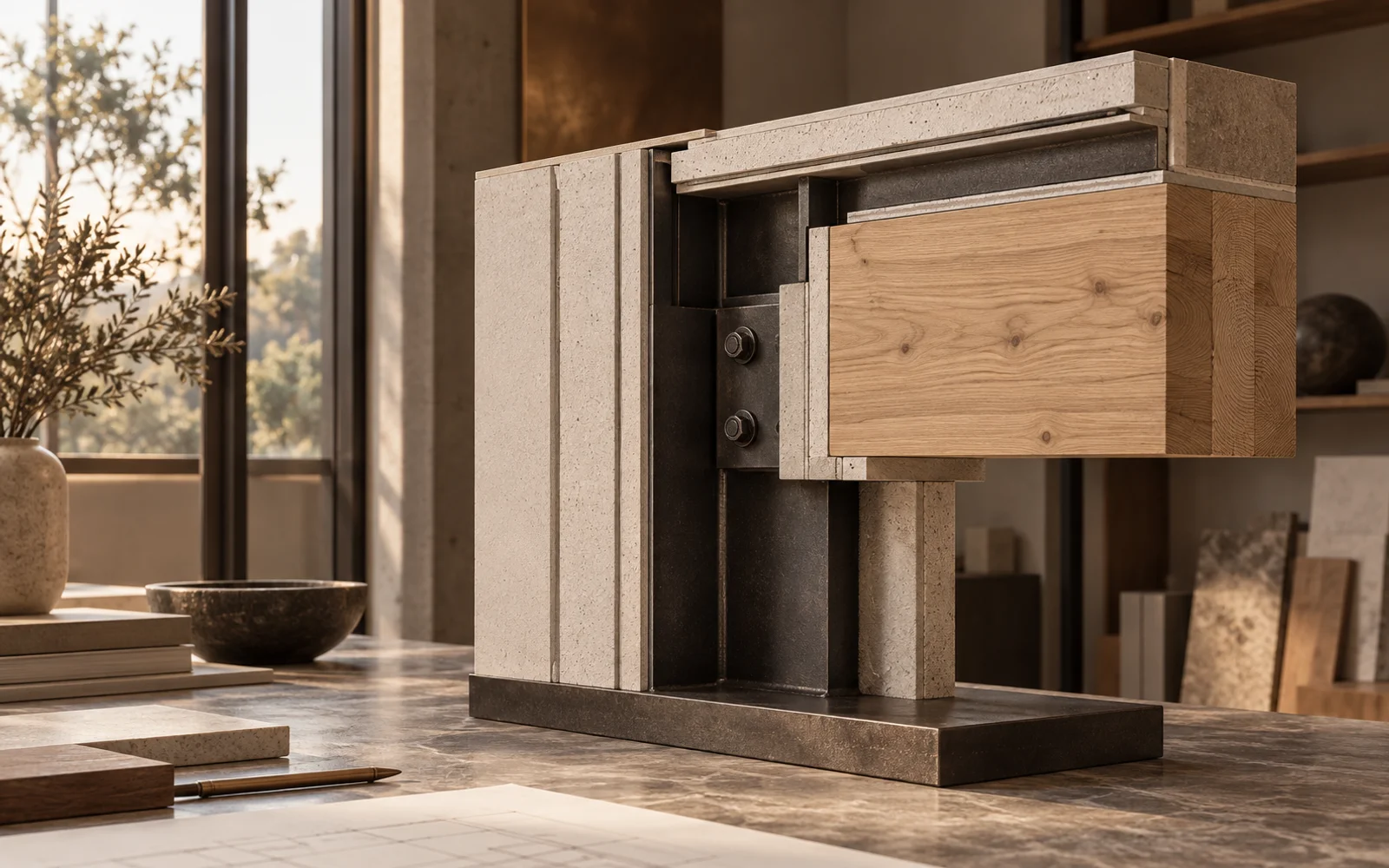 Concept material study of timber, a steel connection and protective layers