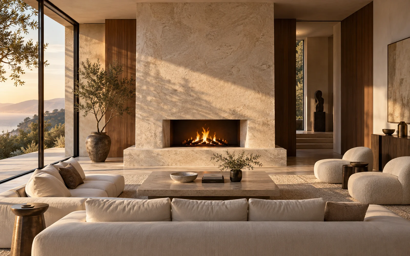 Conceptual living room with a limestone fireplace as its focal point