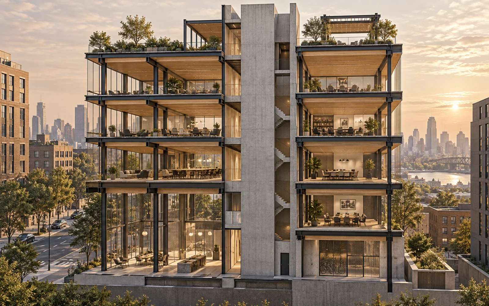 Konzeptschnitt eines Hybridbaus aus Beton, Stahl und Holz