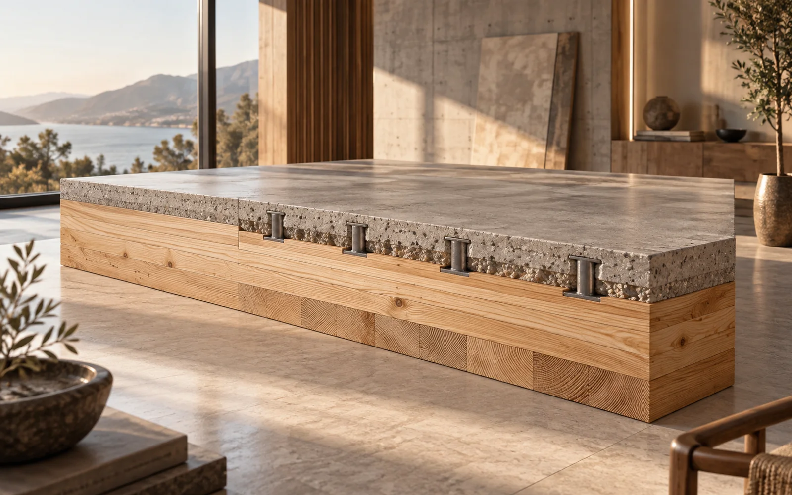Concept material section of a timber and concrete floor